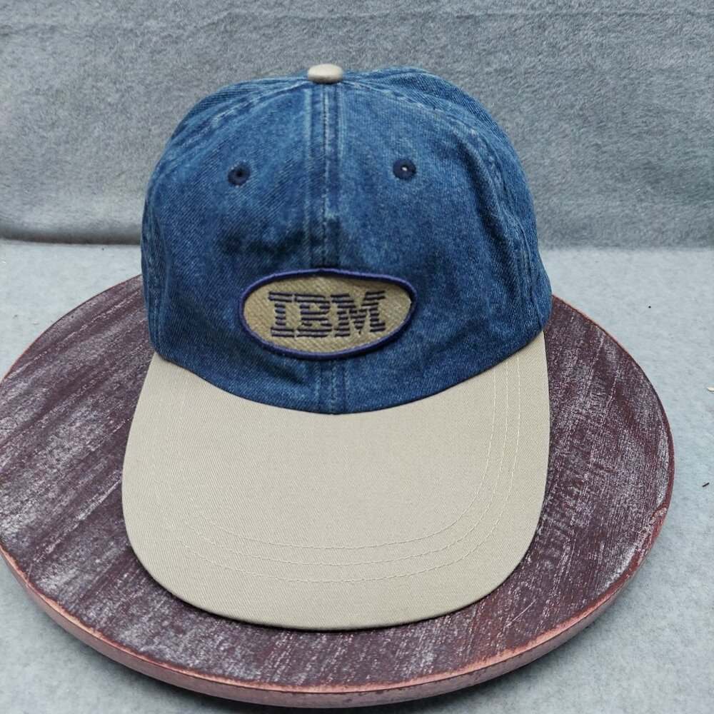IBM Denim & Khaki Adjustable Baseball Cap With Embroidered Logo Vintage